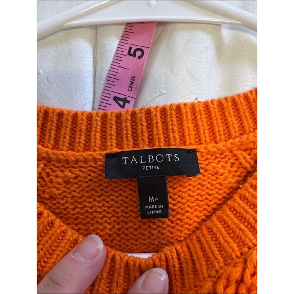 Talbots Chunky Cable Knit Sweater Womens Medium Petite Fall Puff Sleeve Orange - Picture 5 of 9